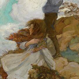Two Children On A Windswept Hill by Circle Of Jessie Willcox Smith