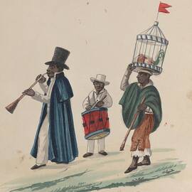 Two Musicians And A Man Carrying On His Head A Rooster by Francisco Fierro