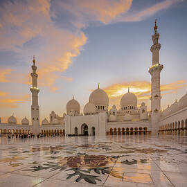 United Arab Emirates, Emirate Abu Dhabi, Abu Dhabi, Arab States Of The Persian Gulf, Arabian Peninsula, Sheikh Zayed Grand Mosque, The Inner Courtyard At The Sunset by Massimo Borchi