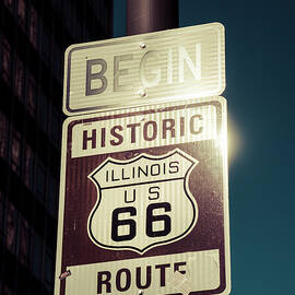 Usa, Illinois, Chicago, Michigan Avenue, Route 66, Lake Michigan, The Route 66 Start Sign by Giovanni Simeone