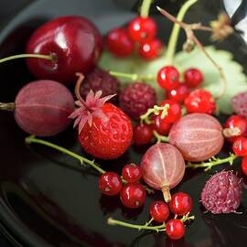 Various Berries On A Plate redcurrant, Gooseberries, Raspberries, Wild Strawberries And Cherries by Mandy Reschke