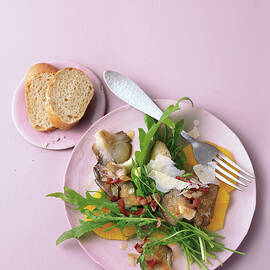 Warm Oyster With Mushroom Salad On Pink Background by Jalag / Wolfgang Kowall