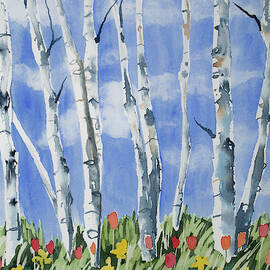 Watercolor - Birch with Tulip and Daffodil by Cascade Colors