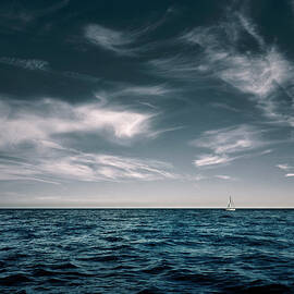Whispy Clouds Over Sea, Yacht On Horizon by Rjw