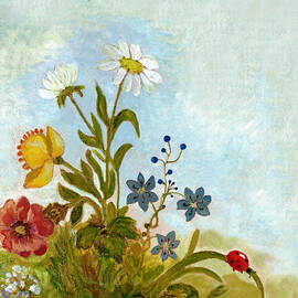 Wild Flowers And Ladybird Watercolor by Mitza