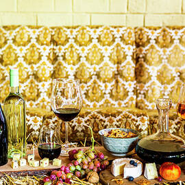 Wine With Matching Snacks - In A Retro Setting by Sandra Krimshandl-tauscher