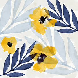 Yellow and Navy 2- Floral Art by Linda Woods by Linda Woods