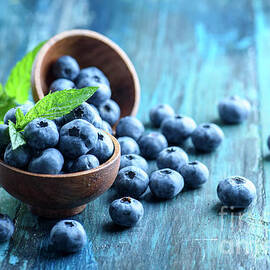 Bowl of fresh blueberries on blue table. Food still life by Jelena Jovanovic
