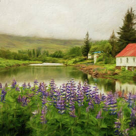 Peaceful scene in Seydisfjordur of river flowing from misty moun by Steven Heap