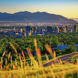 Salt Lake City skyline at sunset with Wasatch Mountains in the background, Utah by Miroslav Liska