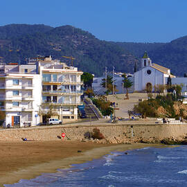 Sitges Spain Art Print Sant Sebastia Beach Promenade Palm Trees and Modern Architecture by Travel Essayist