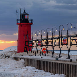 Winter Sunset at the South Haven South Pier Light by Michael Collins