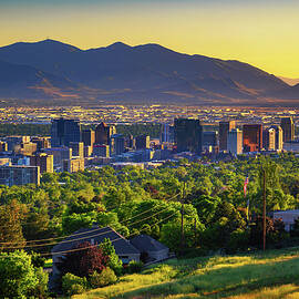 Salt Lake City skyline at sunset with Wasatch Mountains in the background, Utah by Miroslav Liska