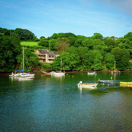 Boats moored at old fashioned Port Navas in the Helford Estuary, by Seeables Visual Arts