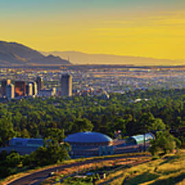 Salt Lake City skyline at sunset with Wasatch Mountains in the background, Utah by Miroslav Liska