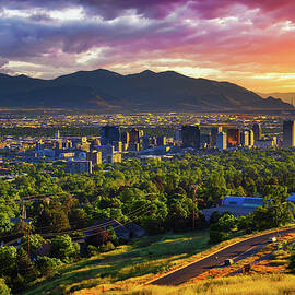 Salt Lake City skyline at sunset with Wasatch Mountains in the background, Utah by Miroslav Liska