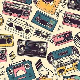 80s retro pattern with abstract cassette tapes and boomboxes by Andre Petrov