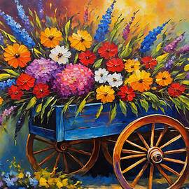 A cart with vibrant flowers on a colorful background - digital painting by Nicko Prints
