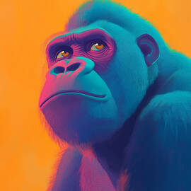 A close-up of a blue gorilla against an orange background. by Miller Kanw