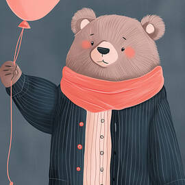 A cute bear in a sweater and scarf holds a pink balloon. by Miller Kanw