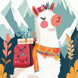 A cute llama with a backpack stands in a colorful mountain lands by Miller Kanw