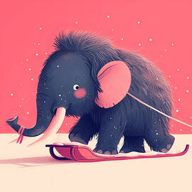 A cute woolly mammoth pulls a red sled through the snow. by Miller Kanw