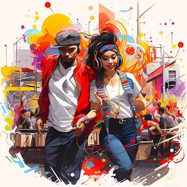 A modern graffiti style artwork showing a street festival with music, dance, and food No 1 by Andre Petrov
