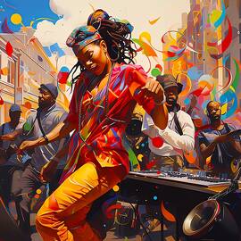 A modern graffiti style artwork showing a street festival with music, dance, and food No 2 by Andre Petrov