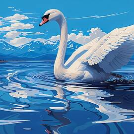 A pixel art of a graceful swan gliding on digital blue waters No 1 by Andre Petrov