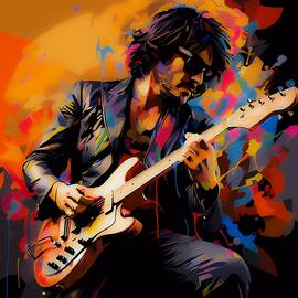 A pop art style portrait of a rock star  with their signature instrument No 3 by Andre Petrov