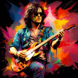 A pop art style portrait of a rock star  with their signature instrument No 4 by Andre Petrov