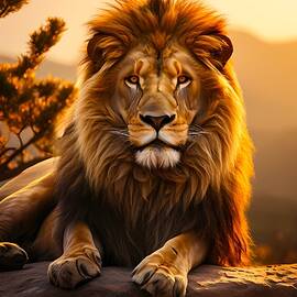 A proud lion watching over his pride at sunset No 1 by Andre Petrov