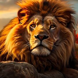 A proud lion watching over his pride at sunset No 4 by Andre Petrov