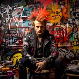 A punk rock singer, captured in a rebellious graffiti style No 2 by Andre Petrov