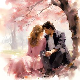 A romantic couple sitting under a cherry blossom tree by Andre Petrov