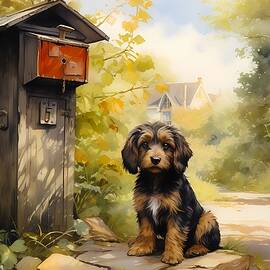 A romanticized Watercolor art of a dog waiting patiently by a rural mailbox No 2 by Andre Petrov