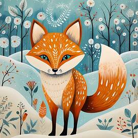 A Scandinavian folk art depiction of a curious fox in a winter forest No 1 by Andre Petrov
