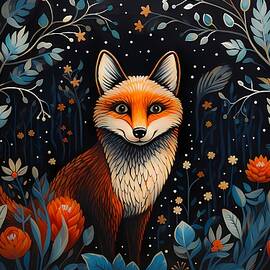 A Scandinavian folk art depiction of a curious fox in a winter forest No 3 by Andre Petrov