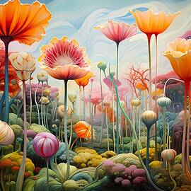 A surrealist painting featuring a landscape of giant, fantastical flowers No 1 by Andre Petrov