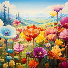 A surrealist painting featuring a landscape of giant, fantastical flowers No 2 by Andre Petrov
