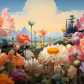 A surrealist painting featuring a landscape of giant, fantastical flowers No 3 by Andre Petrov