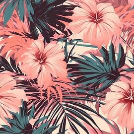 A tropical pattern of palm leaves and flowers on a pink No 1 by Andre Petrov