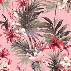 A tropical pattern of palm leaves and flowers on a pink No 2 by Andre Petrov