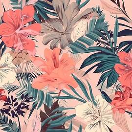A tropical pattern of palm leaves and flowers on a pink No 3 by Andre Petrov