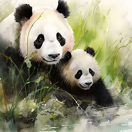 A watercolor artwork of a friendly panda with its cub No 1 by Andre Petrov