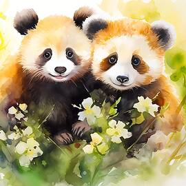 A watercolor artwork of a friendly panda with its cub No 2 by Andre Petrov