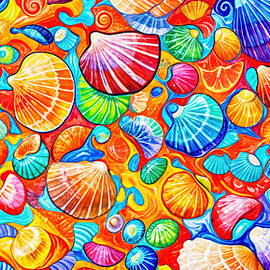 Abstract vibrant and colorful seashells pattern - digital painting by Nicko Prints