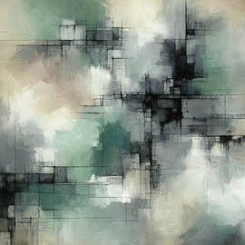 Abstract with Muted Greens and Black Line Accents by Alison Frank