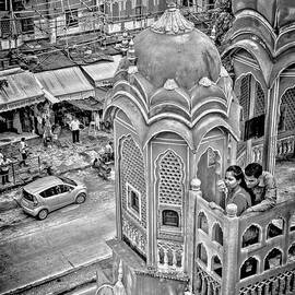 Admiring the view from Hawa Mahal Jaipur Rajasthan India BW by Stefano Senise