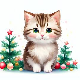 Adorable Kitten with Christmas Trees by Stefano Senise